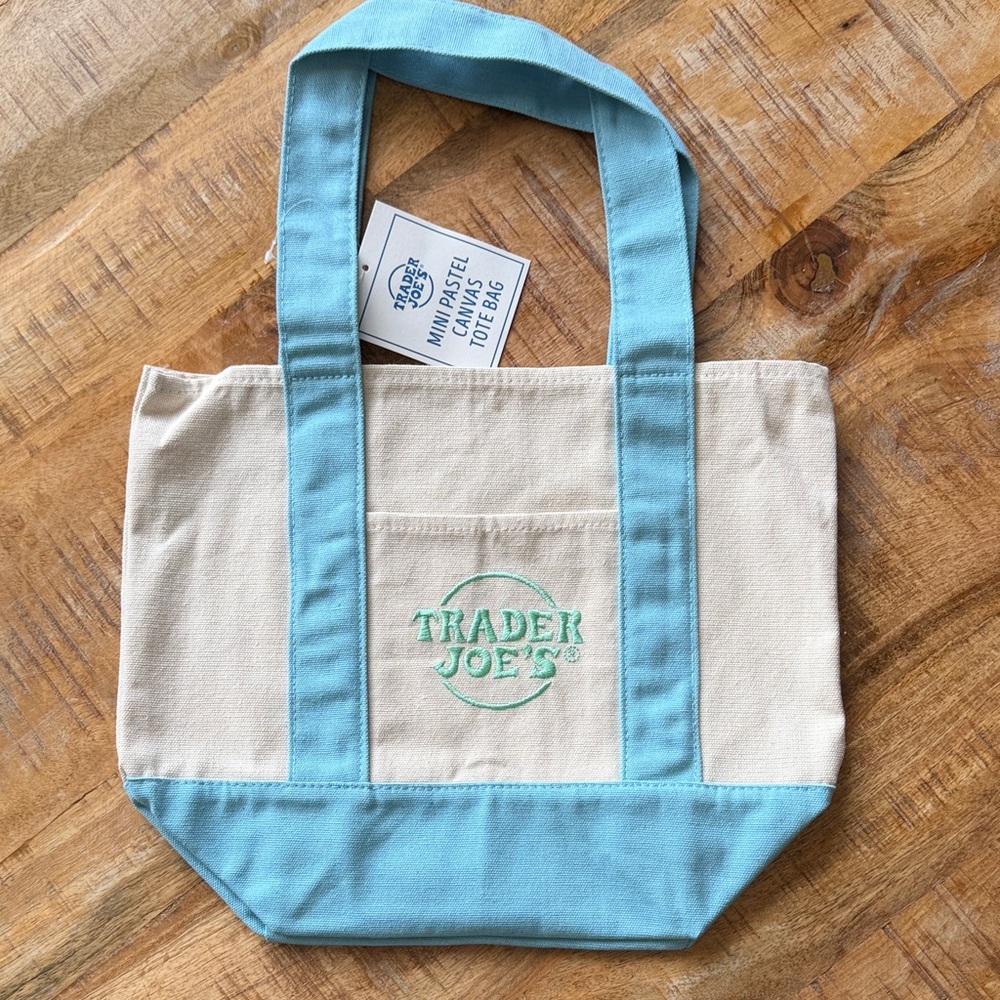 Trader Joe's Cream and Light Blue Mini Tote Bag